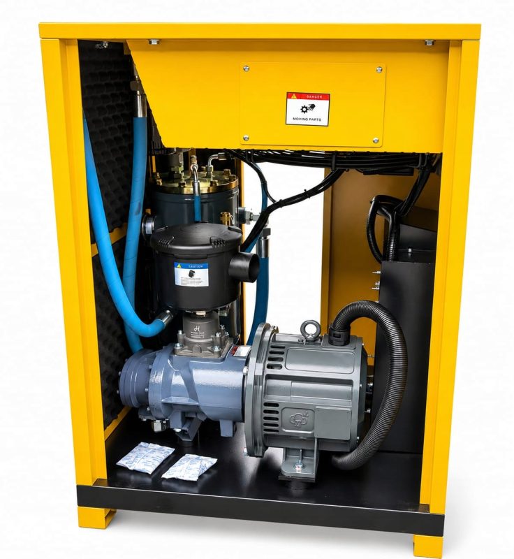 Wnętrze kompresora śrubowego Airhorse AHD-20A 15 kW - silnik elektryczny i zespół sprężający